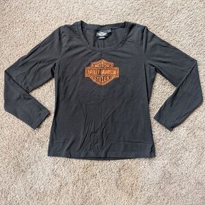 Harley Davidson Rhinestone Embellished Scoop Neck Long Sleeve Shirt Large